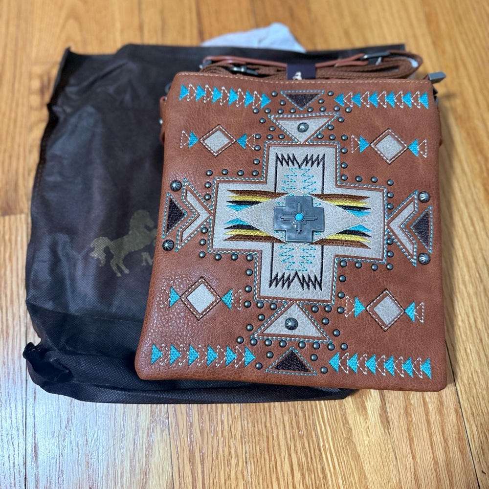 Montana West Brown and Blue Embroidered Bag